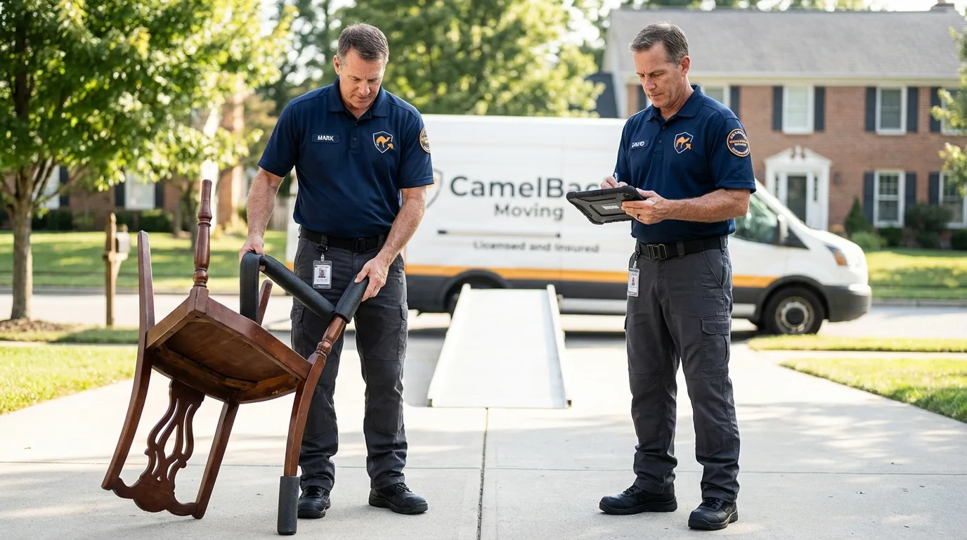 Movers inspecting furniture for damage prevention before loading in De Kalb, TX