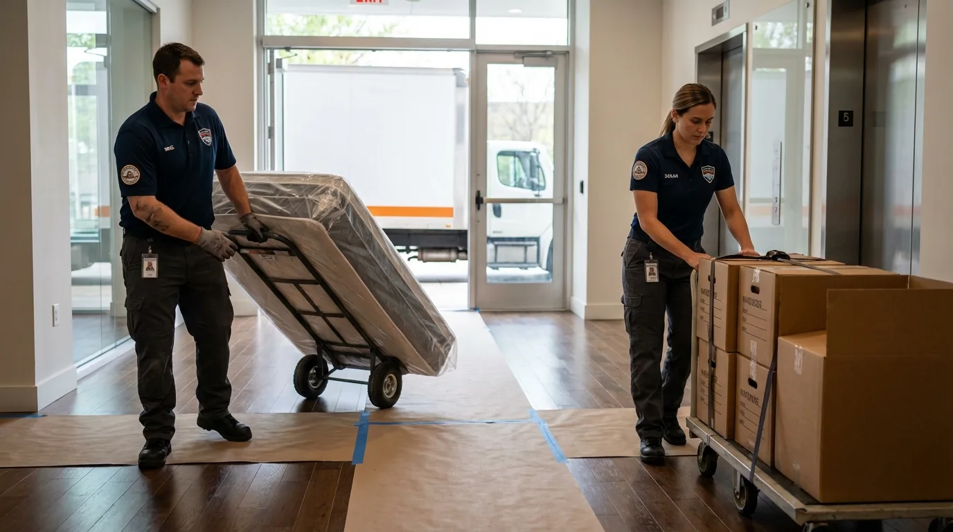 Professional apartment movers loading elevator in De Kalb, TX